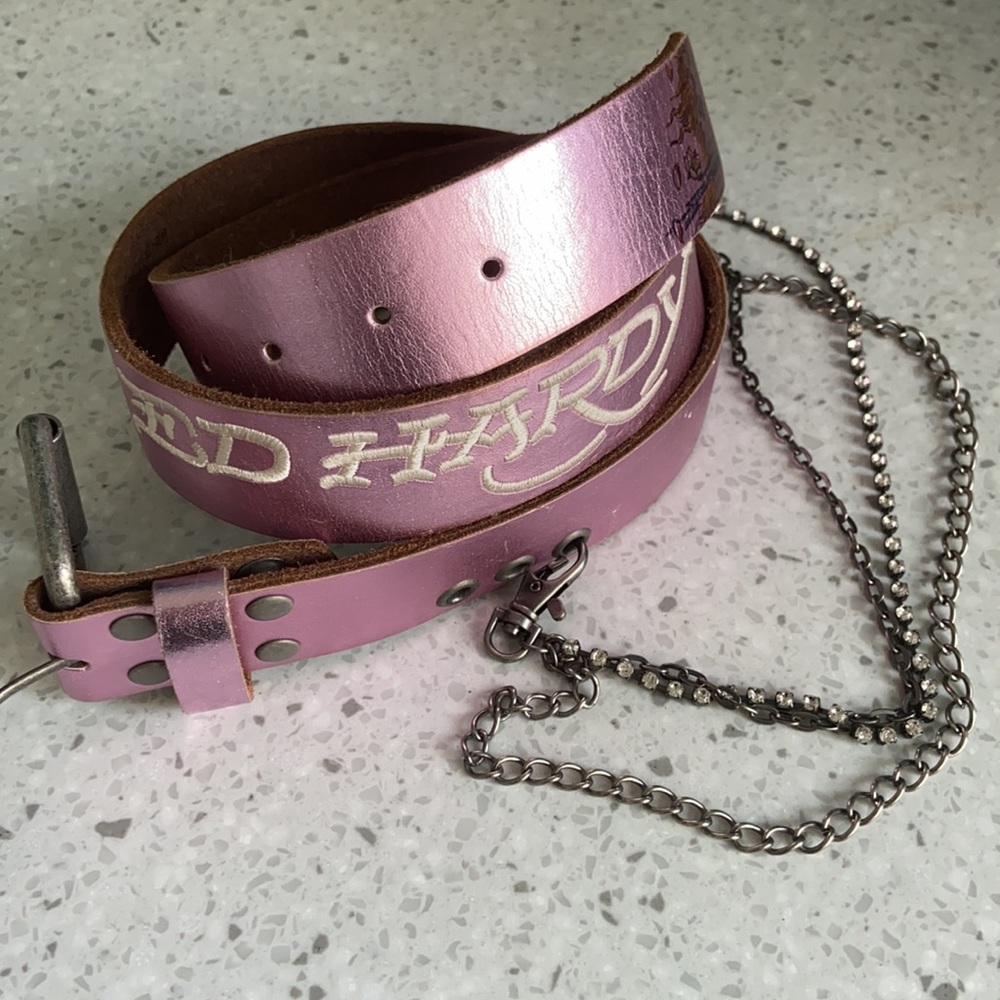 Pink Metallic Skull Belt with Rhinestone Chains